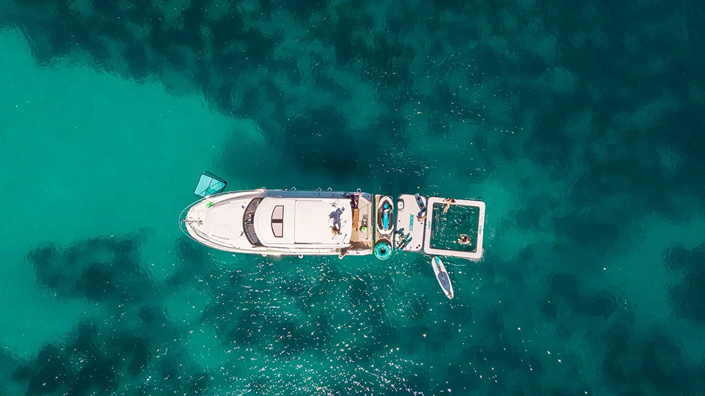 Arial photo of JOBE Inflatable Platform Family Island inflated by Scanstrut ATMOS Air Station